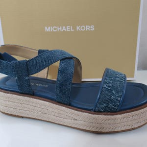 Michael Kors Lynn Espadrille Platform Wedge Sandals MK Logo Blue Size 7.5