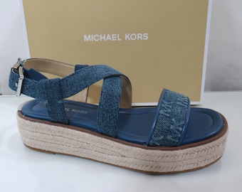 Michael Kors Lynn Espadrille Platform Wedge Sandals MK Logo Blue Size 7.5