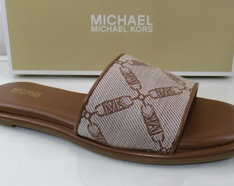 Michael Kors Hayworth Empire Logo Jacquard Slide Sandal Natural Luggage Size 7.5