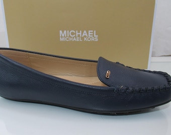 Michael Kors Eve Moccasin Leather MK Logo Navy Size 8