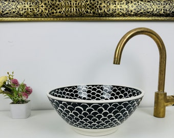 Handmade Moroccan Ceramic Sink Hand Painted, Washbasin, Bathroom Vessel Sink, Mid Century Modern Fish Scales