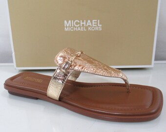 Michael Kors Lena Thong Square Toe Flat Sandal Metallic Leather Gold