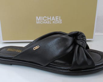 Michael Kors Elena Flat Slide Sandals Knotted Strap Leather Black Size 8.5