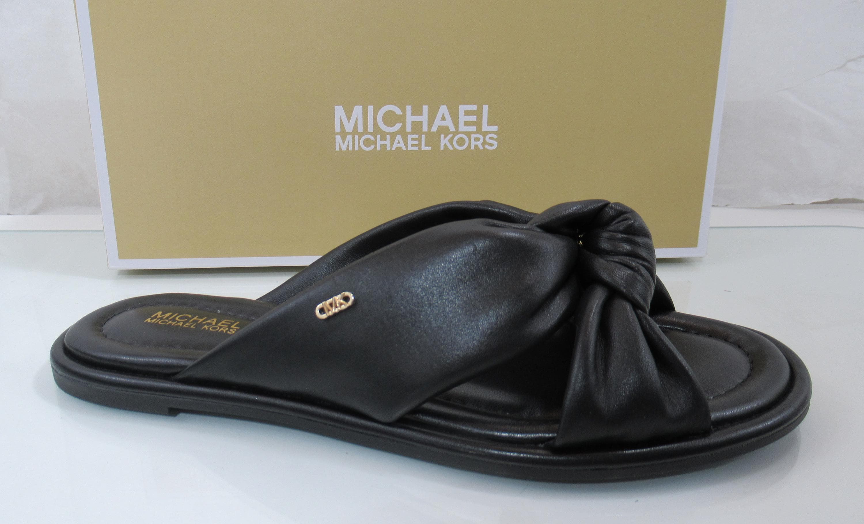 Michael Kors Elena Flat Slide Sandals Knotted Strap Leather Black