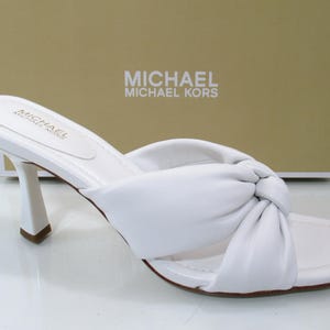Michael Kors Elena Heeled Slide Sandal Knotted Strap Leather Optic White Size 7