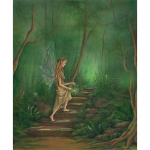 May include: A fairy with wings and a lantern walks up a stone path in a green forest. The forest is lush and green with tall trees and ferns. The fairy is wearing a long, flowing dress and has long, flowing hair. The lantern is glowing and casting a warm light on the path.