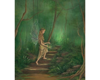 Dark Forest Pixie Light Fairy Archival Giclée Fine Art Print | Night Watch by Heather McNeary sizes 8x10 (11x14 matted),11x14 (16x20 matted)