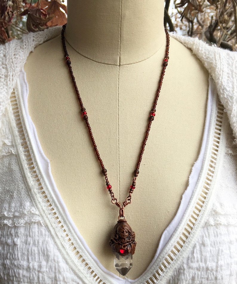 Earthy brown with ruby red glass and clear quartz Red Forest Child Polymer Clay and Quartz Crystal Pendant Necklace Crystal Amulets