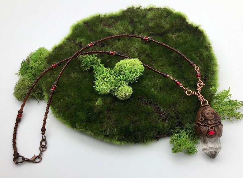 Earthy brown with ruby red glass and clear quartz Red Forest Child Polymer Clay and Quartz Crystal Pendant Necklace Crystal Amulets