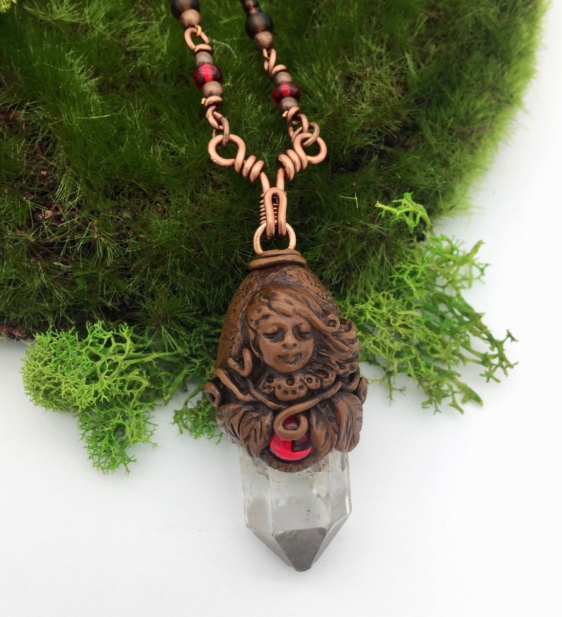 Earthy brown with ruby red glass and clear quartz Red Forest Child Polymer Clay and Quartz Crystal Pendant Necklace Crystal Amulets