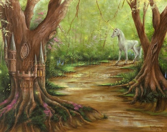 Zauberhaftes Waldland Einhorn Archival Giclée Fine Art Print | Whispering Forest von Heather McNeary Größen 10x8 (14x11 verfilzt),14x11 (20x16 verfilzt)