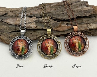 Limited Small Batch Production Red Forest Curious Fairy Art Pendant Necklace in Floral Round Setting - The Tree Nymph | 18-20in | Explore