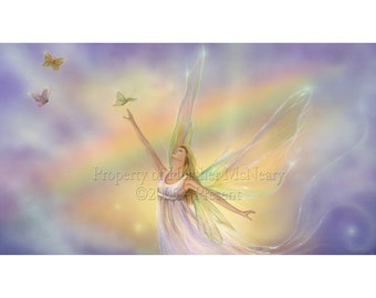 Ätherisches Luftreich Archival Giclée Fine Art Print | The Rainbow Fairy von Heather McNeary Größen 10x6 (14x11 mattiert), 14x8 (20x16 mattiert)