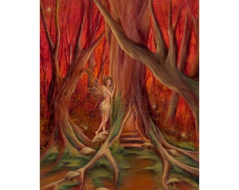 Red Forest Curious Fairy Archival Giclée Fine Art Print | The Tree Nymph von Heather McNeary Größen 8x10 (11x14 matted),11x14 (16x20 matted)