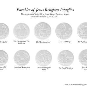 May include: Ten white circular ceramic medallions with raised images of parables of Jesus. Each medallion is 2.25 inches in diameter. The medallions are arranged in two rows of five. The titles of the parables are written below each medallion. The titles are: The Godless Judge, The Pharisee and The Publican, The Marriage Feast, The Lost Sheep, The Net Cast in the Sea, The Unmerciful Servant, The Good Samaritan, Blind Leading the Blind, The Good Shepherd, Rich Man and Lazarus.