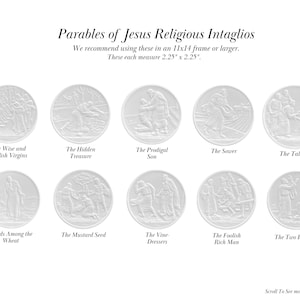 May include: Ten silver-toned round medallions with raised images depicting parables of Jesus. Each medallion has a white background and a black text label below the image. The text labels include "The Wise and Foolish Virgins", "The Hidden Treasure", "The Prodigal Son", "The Sower", "The Talents", "Weeds Among the Wheat", "The Mustard Seed", "The Vine Dressers", "The Foolish Rich Man", and "The Two Builders".