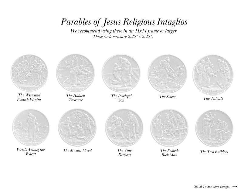 May include: Ten silver-toned round medallions with raised images depicting parables of Jesus. Each medallion has a white background and a black text label below the image. The text labels include "The Wise and Foolish Virgins", "The Hidden Treasure", "The Prodigal Son", "The Sower", "The Talents", "Weeds Among the Wheat", "The Mustard Seed", "The Vine Dressers", "The Foolish Rich Man", and "The Two Builders".