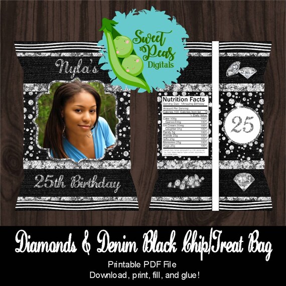 Diamonds & Denim - Black Printable Chip Bag Il_570xn
