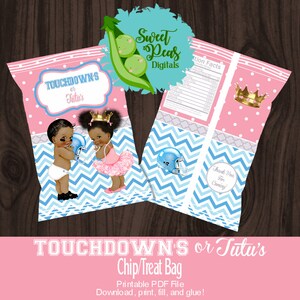 Touchdown&#39;s or Tutu&#39;s - Dark Skin Gender Reveal Printable Chip Bag