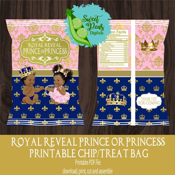 Royal Gender Reveal Prince or Princess Printable Chip Bag - Dark Skin Il_570xn