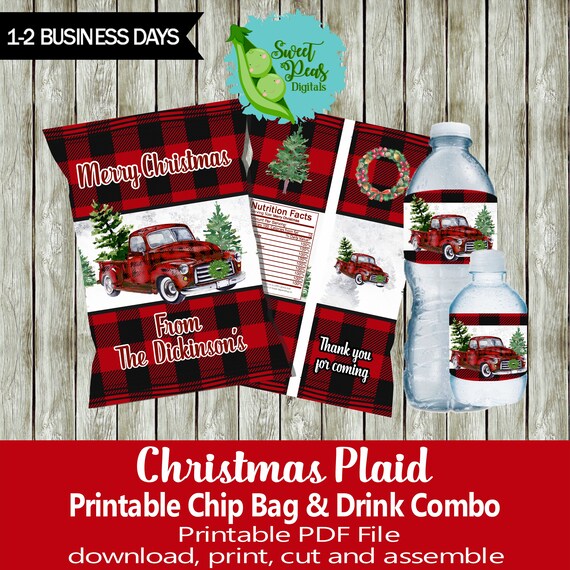 Christmas Plaid Printable Chip Bag & Water Bottle Combo Il_570xn