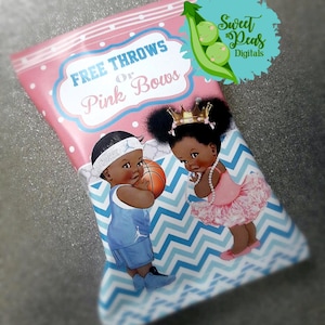 Free Throws or Pink Bows- Dark Skin Gender Reveal Printable Chip Bag