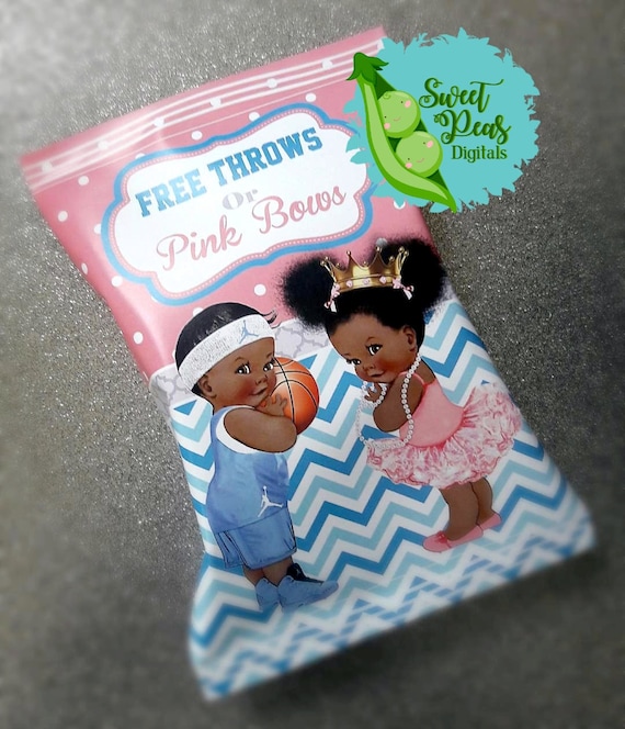 Free Throws or Pink Bows- Dark Skin Gender Reveal Printable Chip Bag Il_570xn