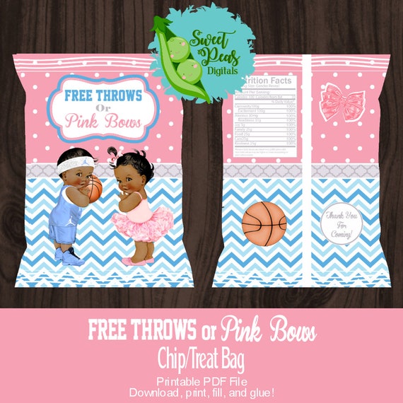 Free Throws or Pink Bows- Dark Skin Gender Reveal Printable Chip Bag Special Il_570xn