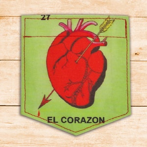 El Corazon-Loteria, The Heart mexican loteria Sticky Pocket Patches - Patch for Tshirts