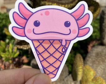 Helaxolotl Sticker: Kawaii Pink Axolotl Ice Cream Cone - Waterproof Vinyl