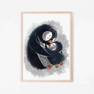 Penguin Print Art, Nursery Gender nuetral decor, Mom and Baby Printable files, Wall art, Kids room, Cute Drawing, Instant download