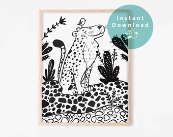 Black and white, Cheetah Nursery, Printable, Leopard Print, Cheetah Line Art, Digital File, Instant Download,Gift for Him, Baby Wall Art