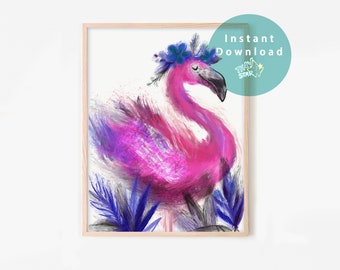 Pink Flamingo Print, Watercolored, Flamingo Art, Wall Decor, Flamingo Painting, Home Decor, Wall Art, Digital File, Instant Download, Purple
