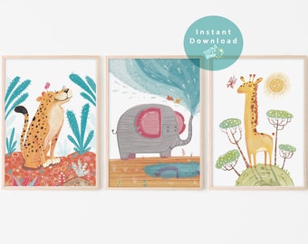 Safari Nursery, Printable, Safari Animals Decor, Set of 3, Instant Download, Jungle Prints, Colorful Prints, Giraffe, Elephant, Chetah Print