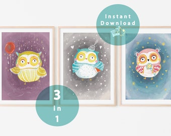 Owls Nursery Print, A3, Digital Files, Owl Artwork, Kids Room Prints, Set of 3, Nursery Room Wall Decor, Printable, Woodland Nursery Decor