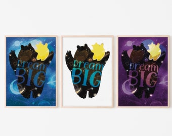 Dream Big Poster, Bear Nursery Art Print, Wall Decor, Kids Room Decor, Space Art, Galaxy Illustration, A2 Poster