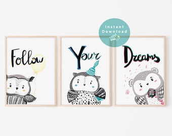 Follow Your Dreams, Prints, Set of 3, Owls Nursery Prints, Owl Decor, Owl Print, Cute owl drawing, Digital file, Instant Download, JPG, Art