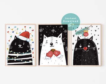Christmas Printable, Christmas Cats Prints, Black and White, Gift, Nursery Decor, Instant Download, Digital Files,Christmas Decor, Baby Gift