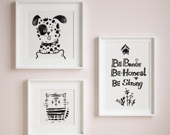 Nursery Prints, Black and White Art, Printable, Nursery Art, Set of 3, Puppy Print, Kitten Print, Digital Download, PNG, NO Background, JPG