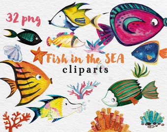 Fish Clipart, Watercolor Tropical Fish Clipart, Cute Fish Download, Underwater Clipart, Fish Illustration, Hand Drawing Fish, Sea Clipart