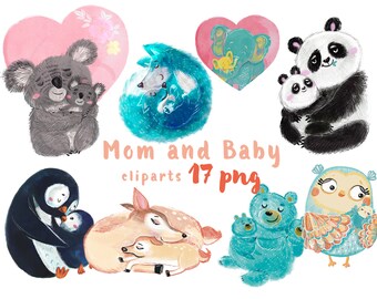 Animals family watercolor clipart, Mother's Day Clipart, Mom and me Digital Files, Mommy watercolor art, Mommy and me watercolor clipart