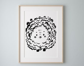 Sheep Printable, Sheep Print, Nursery Decor, Instant Download, Black and White, Wall Hanging, Cute Illustration, JPG, PNG, Transparent