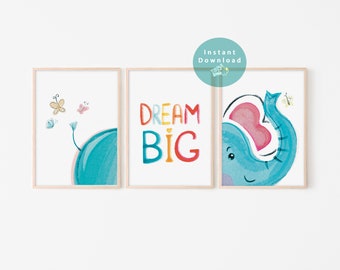 Dream Big Printable, Elephant Printable, Elephant Print, Digital File, Instant Download, Watercolor Style, Baby Gift, Nursery Prints, 3in1