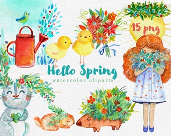 Hello Spring Clipart, Spring Floral, Watercolor Drawing, Spring Hand Drawing, Spring PNG, Animal Clipart, Spring Girl Clipart, Bunny Clipart