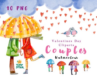 Valentines Clip Arts, Love clipart, PNG, Couples, Watercolor Art, Love Illustrations, Hand Drawing, Under Umbrella, Anniversary, Digital