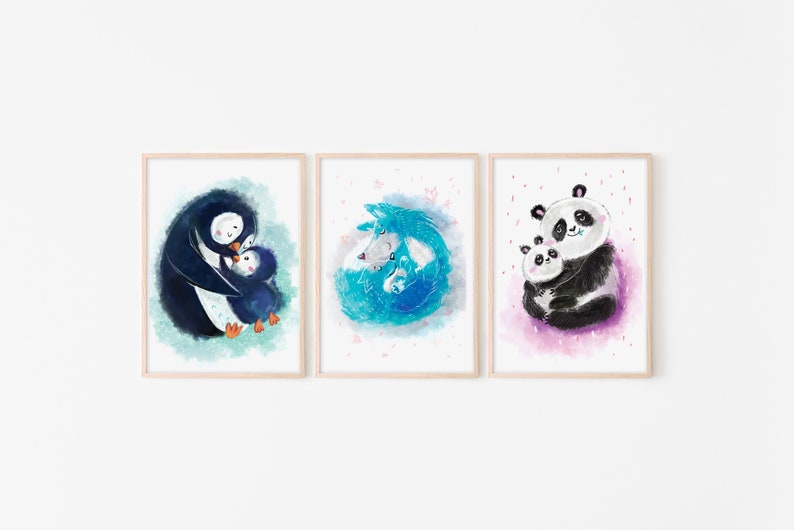 Penguin,fox, panda, artprint, wall decor, boy nursery, girl nursery, neutral wall hanging, instant download, digital artprint, A3, A4, print image 1