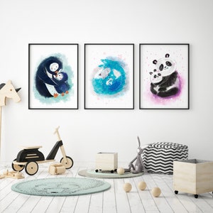 Penguin,fox, panda, artprint, wall decor, boy nursery, girl nursery, neutral wall hanging, instant download, digital artprint, A3, A4, print image 2