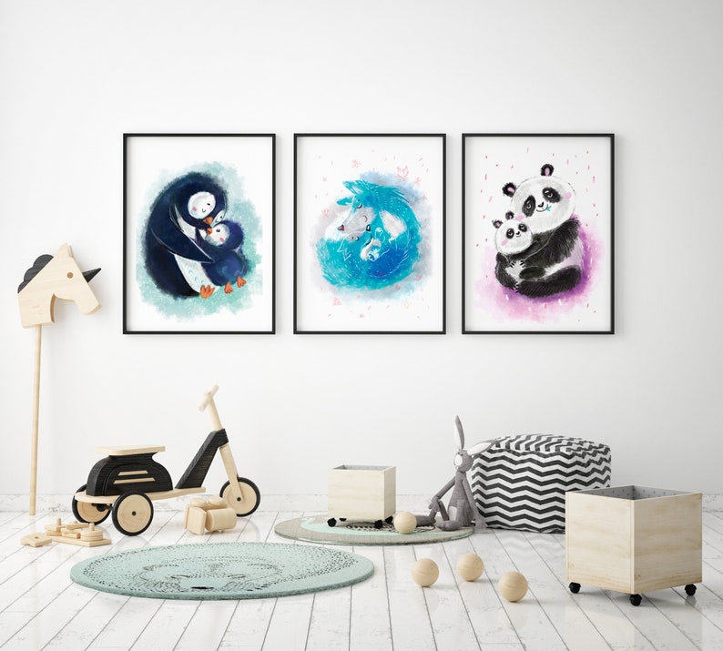 Penguin,fox, panda, artprint, wall decor, boy nursery, girl nursery, neutral wall hanging, instant download, digital artprint, A3, A4, print image 2
