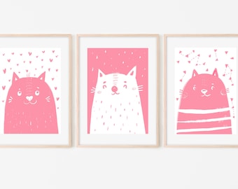 Cats nursery wall art, modern tribal prints, Colorfulprints, Kids room decor, Pinkand white prints, Pink nursery, pink cat