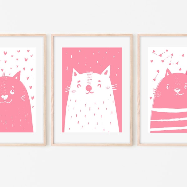 Art mural chambre d'enfant chats, imprimés tribaux modernes, imprimés colorés, décoration de chambre d'enfant, imprimés roses et blancs, chambre d'enfant rose, chat rose